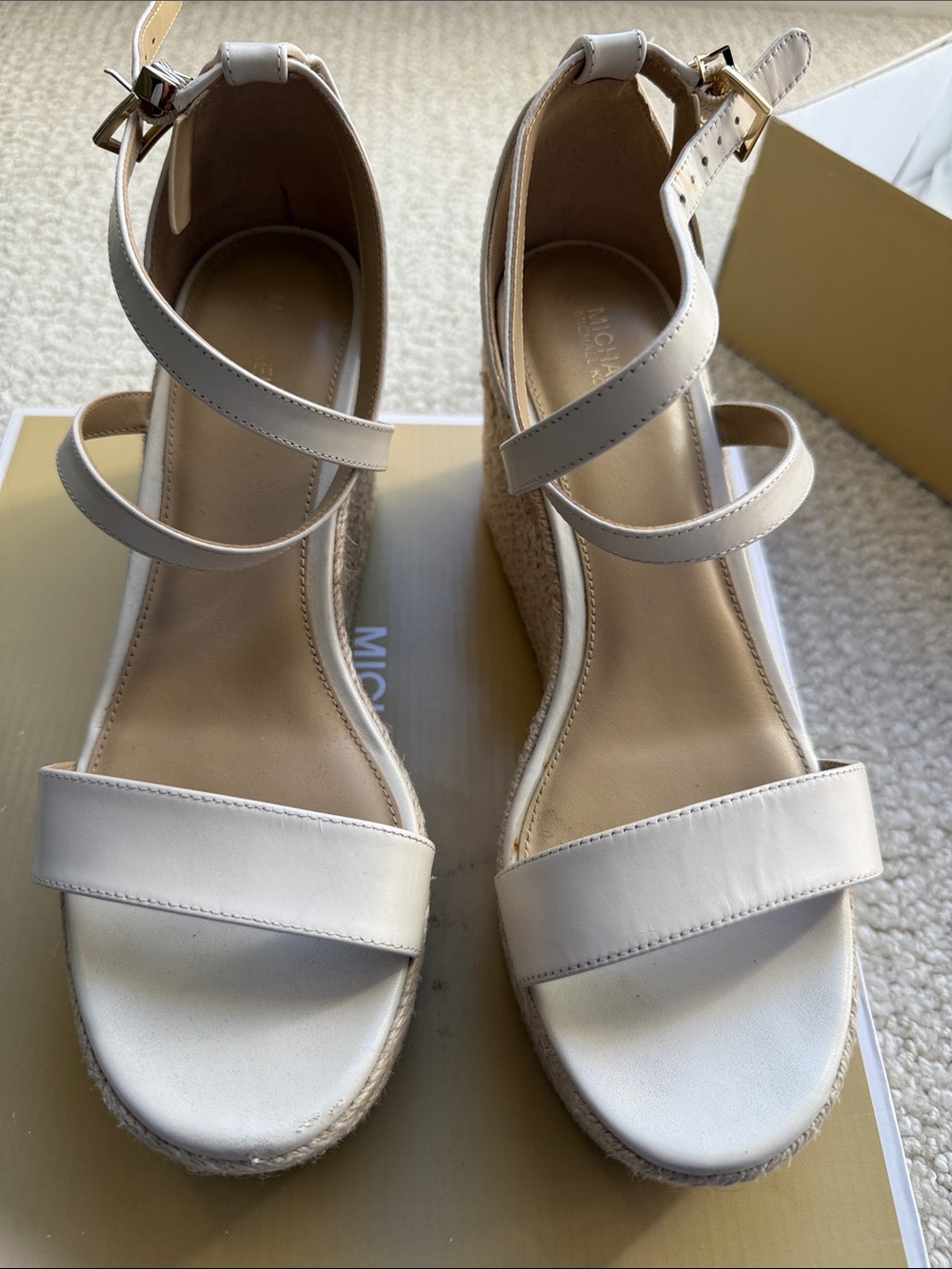 MICHAEL Michael Kors Cream Espadrille Wedge Sandals with Ankle Straps